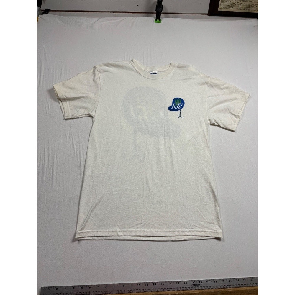 Gildan Men's Go Fish Graphic T Shirt White Fishing Hook Blue Green Large